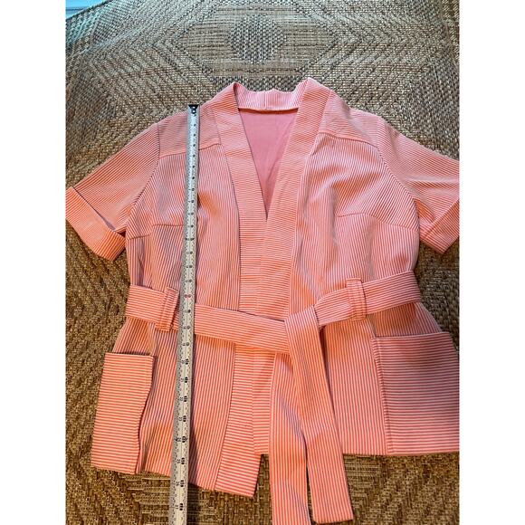 Vintage 70s Short Sleeve open front coral and white belted Cardigan - Picture 6 of 8
